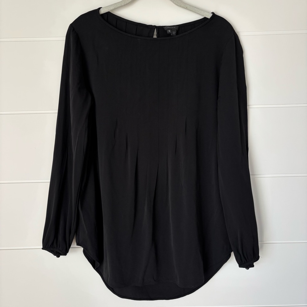 Theory Black Pleated Long Sleeve Silk Blouse Size Medium